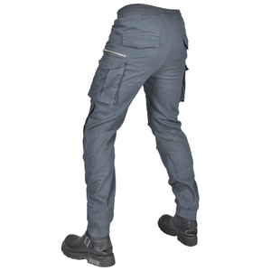 Rear view of dark grey motorcycle cargo pants with multi-pockets and ribbed cuffs