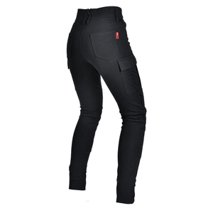 Women's black slim-fit motorcycle riding pants with multi-pockets and high waist design