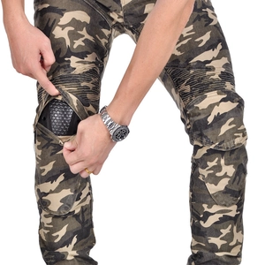Detail of camouflage motorcycle pants featuring elastic knee pleats and removable protective pads