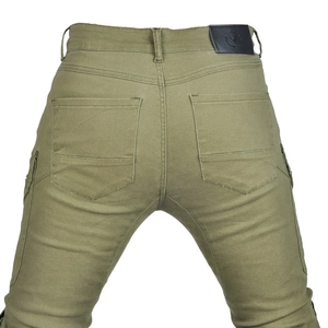 Rear view of olive green motorcycle pants with zip side pockets and embossed leather patch
