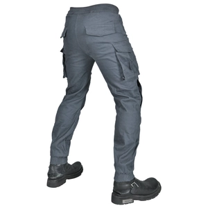 Detail view of motorcycle cargo pants with large back pockets and elastic cuffs