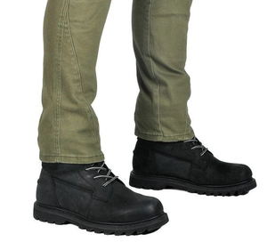 Black mid-top work boots with matte leather, striped laces, and thick rubber lug soles