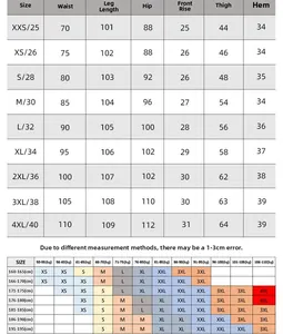 Detailed size chart for motorcycle riding pants covering measurements from XXS to 4XL