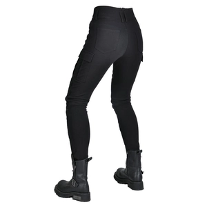 Detail view of black high-waisted motorcycle cargo pants showing side flap pockets and fit
