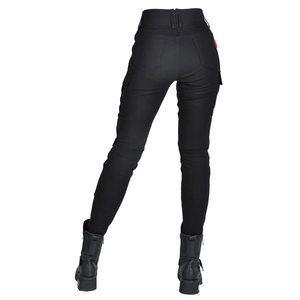 Detail view of women's slim fit motorcycle cargo pants with rear pockets and elastic fabric