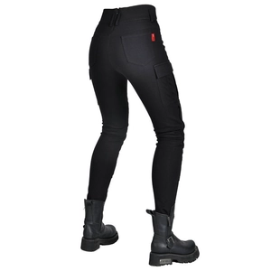 Detail view of high waist women motorcycle cargo pants with side flap pockets and stretch fit