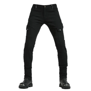 Detail of black slim motorcycle cargo pants with side flap pockets and metal buckles