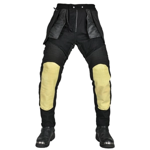 Black motorcycle riding jeans with yellow protective knee padding and reinforced fabric