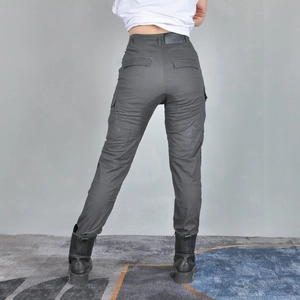 Women's slim fit motorcycle riding pants in dark grey cargo style with back pocket view