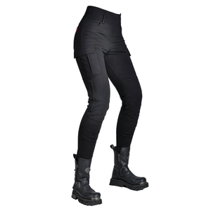 Detail of slim-fit black motorcycle cargo pants with reinforced knees and side flap pockets