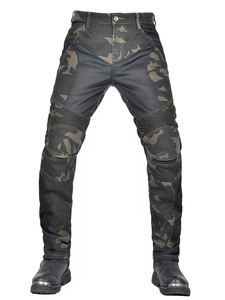 Men's camouflage motorcycle riding pants with breathable mesh panels and protective padding