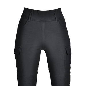 Detailed view of women's motorcycle riding pants featuring elastic waist and cargo pockets