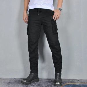Men's black cargo motorcycle joggers with protective silicone gear and multi-pocket design
