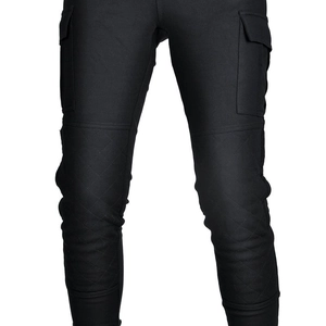 Detailed view of women motorcycle pants featuring quilted knee pads and cargo pockets