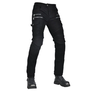 Detail view of black motorcycle jeans with silver zippers and protective tactical pockets