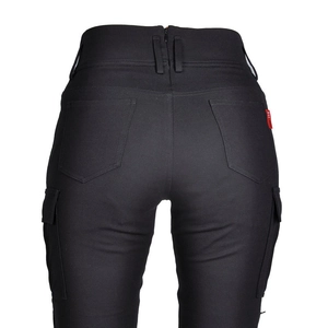 Detail view of high-waist tactical motorcycle pants with cargo pockets and sturdy seams