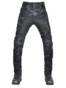 Breathable blue camouflage motorcycle riding jeans with mesh panels and knee protection pads