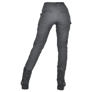 Rear view of women's dark gray motorcycle riding pants with multi-pocket tactical design
