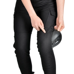 Women's black retro motorcycle pants with multi-pockets and removable knee armor protectors