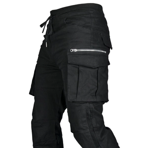 Detailed side view of black motorcycle cargo pants featuring multiple utility pockets and zippers