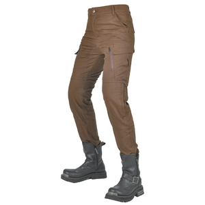 Women's four-season motorcycle pants in brown with armor and black leather riding boots