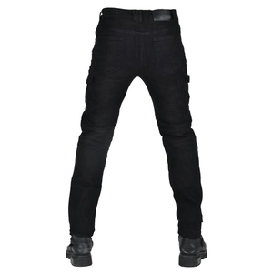 Detail view of motorcycle jeans featuring protective stretch panels on knees and back