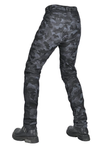 Slim fit camouflage motorcycle pants with protective knee pads and accordion stretch panels
