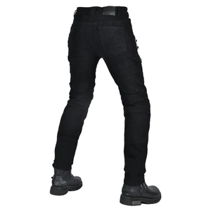 Rear view of black motorcycle jeans featuring four-zipper design and reinforced knee protection