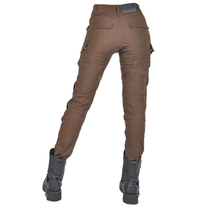 Rear view of brown motorcycle cargo pants with protective seams and leather brand patch