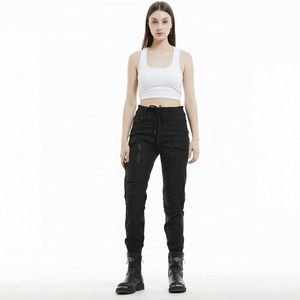 Full view of women's black cargo motorcycle pants with multi-pockets and cuffed ankles