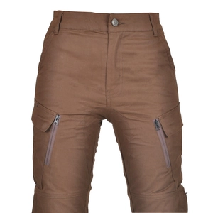 Detail of high-waisted brown motorcycle riding pants with tactical cargo zip pockets