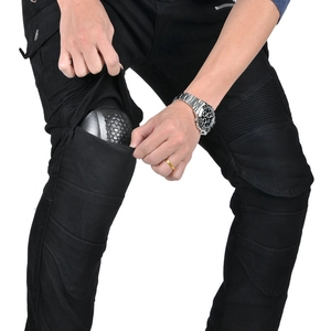 Protective black motorcycle jeans with removable honeycomb knee pads and tactical cargo pockets