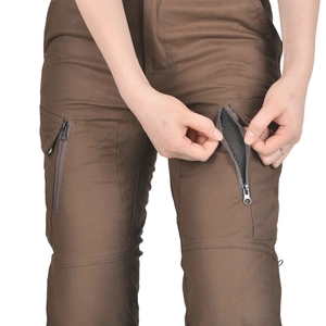 Detail of female motorcycle pants with zipper thigh pockets and breathable mesh lining