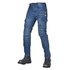 Slim fit vintage motorcycle riding jeans in dark blue with four zippers and knee stretch panels