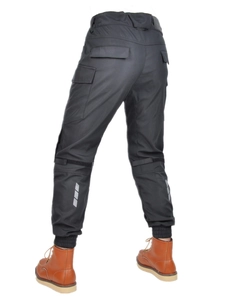 Waterproof dark grey motorcycle pants with back view cargo pockets and safety reflective strips