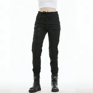 Detail of women's black all-season motorcycle pants with techwear pockets and drawstring