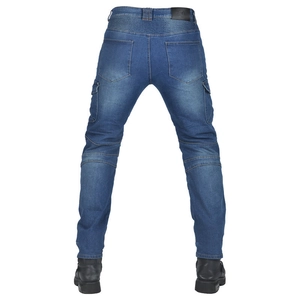 Rear view of motorcycle riding jeans with accordion stretch panels and blue wash denim