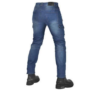 Detail of blue motorcycle riding jeans with accordion stretch panels and cargo pockets