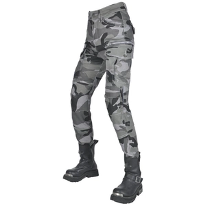 Women's high-waisted motorcycle camouflage pants with multiple utility pockets and armor