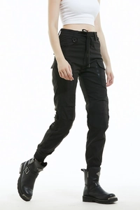 Detail of female rider motorcycle pants with cargo pockets and elasticated cuffs