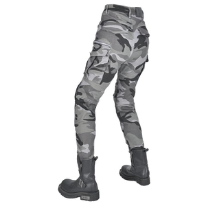 Women's high-waisted camo motorcycle jeans with protective pads and cargo pockets