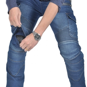 Dark blue motorcycle riding jeans with knee armor insertion and accordion stretch panels