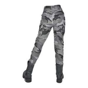 Detail of grey camo motorcycle pants with side pockets and leather logo patch on the waist