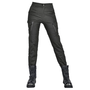 Women's vintage slim-fit motorcycle riding pants in dark grey with side zipper pockets