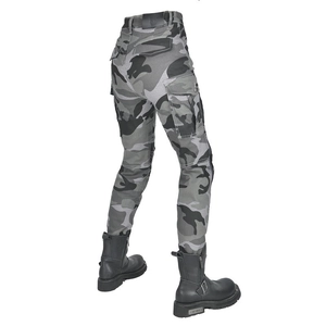 Detail view of high-waisted gray camo motorcycle pants with tactical cargo pockets and boots