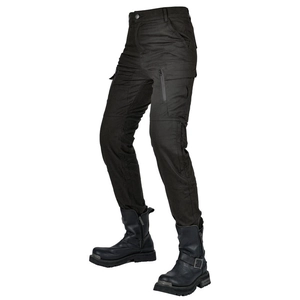 Detail of black motorcycle cargo pants with ergonomic knee design and side utility pockets