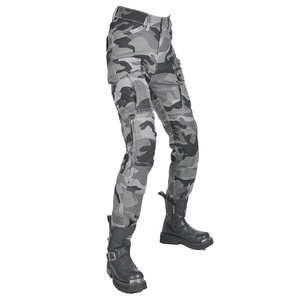 Detail of high-waisted camouflage motorcycle pants with tactical cargo pockets
