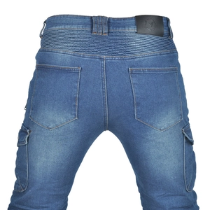 Detail of blue motorcycle jeans featuring accordion stretch panels and cargo side pockets