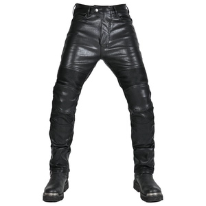 Detail of motorcycle leather pants with accordion stretch panels and knee protection padding