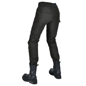 Detail view of black motorcycle riding pants with reinforced tactical cargo pockets for women